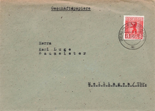 Allied occupation of Berlin Michel 3A single franking o Berlin Friedenau September 12, 1945 to Mellingen