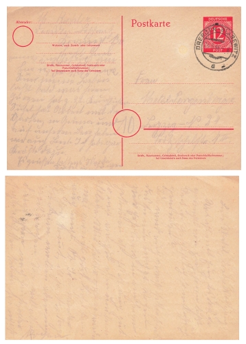 Kontrollratsausgabe Ganzsache 12 Pfennig rot o Dresden 24.5.1946 nach Leipzig