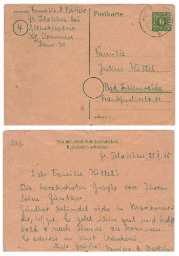 Allied occupation of Mecklenburg postal stationery P6 6 Pfennig green o Altentreptow October 25, 1945