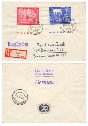 Allied occupation Michel 965-6 Leipziger Messe R-Brief o Neuss 1 September 29, 1947 to Dresden