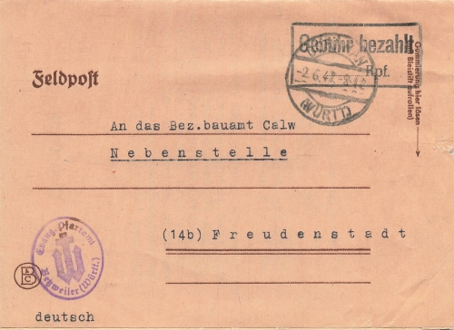 American occupation with black stamp fee paid o June 2, 1947 Betzweiler parish office