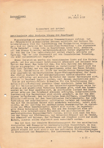 American or German solution to the Saar question? Press Service of the GDR 6 pages 1952
