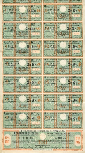 Loan from the German Reich from 1917 renewal coupon for the II interest coupons