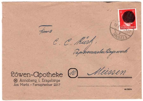 Annaberg Erzgebirge OPD Chemnitz blackening AP 788 12 Pfg Hitler Loewen pharmacy 12.7.1945 to Meissen
