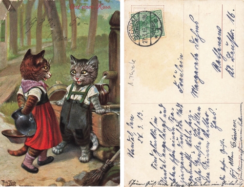 Arthur Thiele artist card Cats First a Kiss o 1913