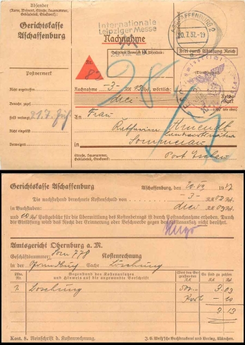 Aschaffenburg cash on delivery card from the court cash register "Frei durch Detachment Reich" o 20.7.1937