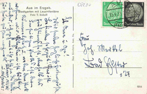 Aue Sachsen Gesamtansicht mit Bahnhof und Parkanlage Historische Postkarte 