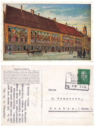 Augsburg Fuggerhaus artist card railway postmark Munich Stuttgart Zug 119 April 3, 1930