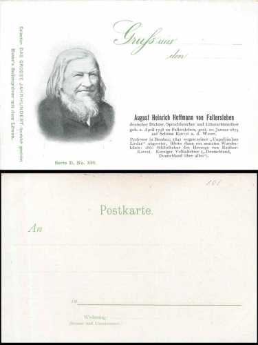 August Heinrich Hoffmann von Fallersleben Poet Series D No. 128 *approx. 1900