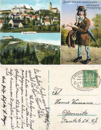 Augustusburg Erzgebirge Fritze Bliemchen AK Bahnpost Chemnitz - Weipert Zug 1349  20.07.1924