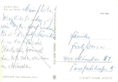 07955 Auma Thüringen Rathaus mit Postmeilensäule gebraucht 1977