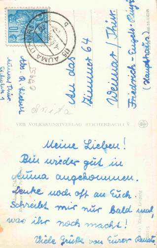 07955 Auma Thüringen Rathaus mit Postsäule o 1956