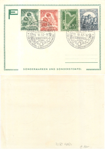 Berlin Michel 72-73 und 80-81 o  auf Karte ​​​​​​​mit Sonderstempel Bundesfachschau Berlin 23.10.1952 