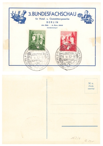 BRD Federal Youth Plan Michel 153 154 on card special stamp Berlin Federal Exhibition Hotel and Restaurant Business October 23, 1952
