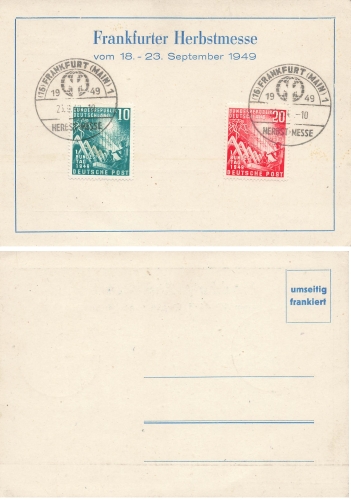 BRD Michel 111-112 o Bundestag o on card from the Frankfurt Autumn Fair 1949 with special cancellation