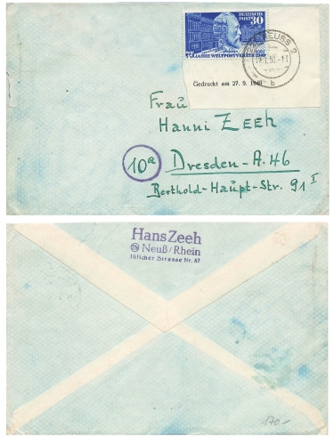 BRD Michel 116 Br u Universal Postal Union imprint September 27, 1949 on letter o Neuss2 January 17, 1950 to Dresden