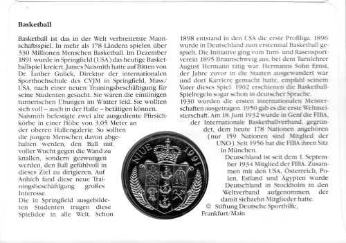 BRD Numisbrief Basketball mit 5 Dollar Niu Münze 1991