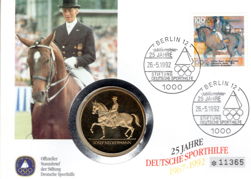 BRD Numisbrief Deutsche Sporthilfe Dressurreiten Josef Neckermann 1992 mit Medaille