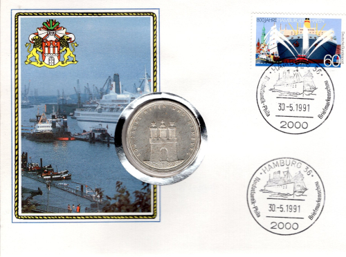 Federal Republic of Germany numismatic cover with 10 DM 1989 J Port of Hamburg 1991