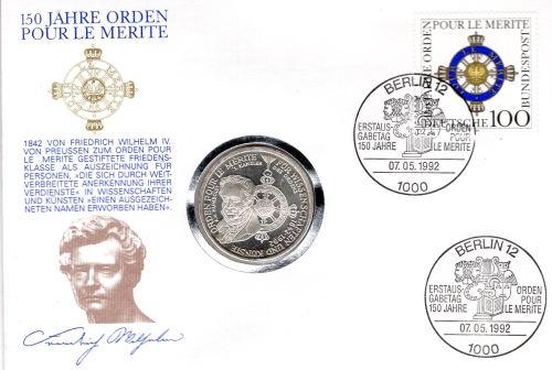 BRD Numisbrief mit 10 DM 1992 D Orden Pour le Merite 1992