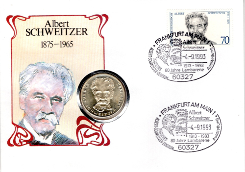 BRD Numisbrief mit 5 DM 1975 G Albert Schweizer 1993
