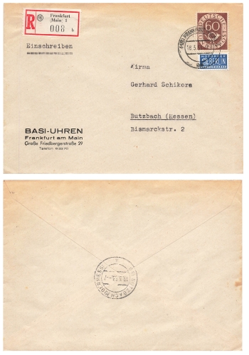BRD Posthorn 60 Pfennig Michel 135 single franking with Notopfer Berlin on R-Letter o Frankfurt1 18.3.1953