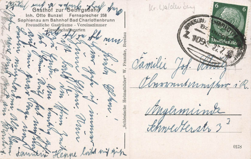 Bad Charlottenbrunn Gasthof Gebirgsbahn Sophienau Silesia Jedlina-Zdrój o 1936