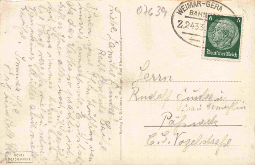 Bad Klosterlausnitz Kirche Bahnpoststempel Weimar-Gera Zug 2433 o 1935