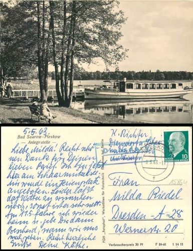 15864 Diensdorf about Beeskow country postmark on postcard excursion boat "Oberspree" o 6.5.1963