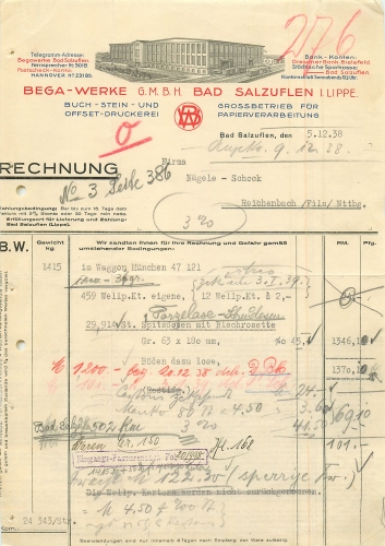Bad Salzuflen Druckerei BEGA-Werke Briefkopf mit Fabrikansicht 1938 