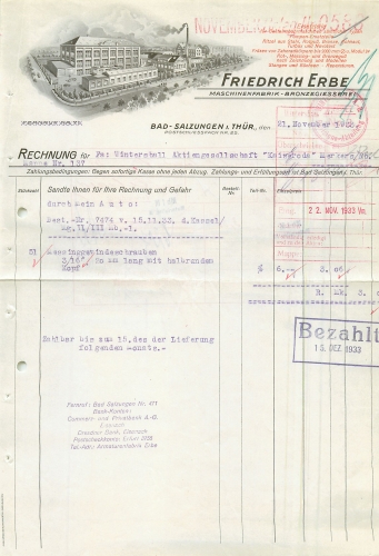 36433 Bad Salzungen Machine factory Friedrich Erbe letterhead with factory view 1933
