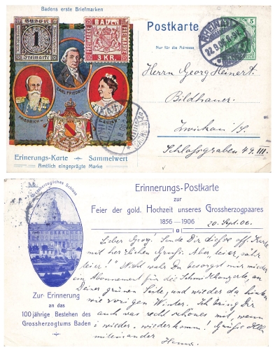 Baden golden wedding of the Grand Duke couple Private postal stationery o Rheinau September 22, 1906