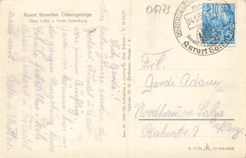 01773 Baerenfels Erzgebirge Haus Lydia Hotel Felsenburg o 1955