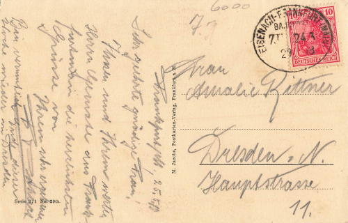 Frankfurt Main Hinter dem Lämmchen Zum Mohrenkopf o 25.5.1918 Bahnpost Eisenach - Frankfurt Zug Nr. 243 