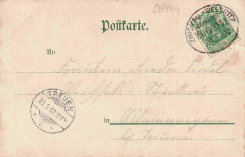 08115 Lichtentanne Stenn Station – Lithograph – Railway Post Zwickau-Oelsnitz – Train 2151 – c. 1902