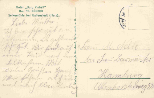 06493 Ballenstedt Harz Hotel "Burg Anhalt" Selkemühle o um 1920