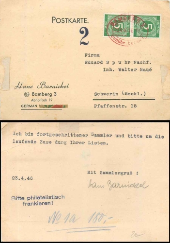 Bamberg 3 red oval fee paid cancellation on postcard o 23.4.1946 to Schwerin
