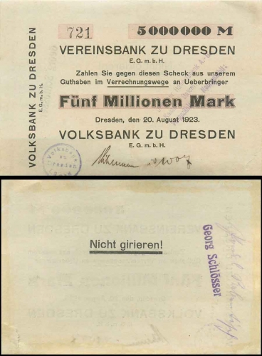 Vereinsbank zu Dresden 5 million marks 1923