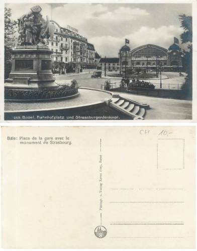 Basel Bahnhofplatz und Strassburgerdenkmal * ca. 1920