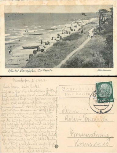 Bauerhufen via Koszalin country postmark on postcard o 16.9.1937