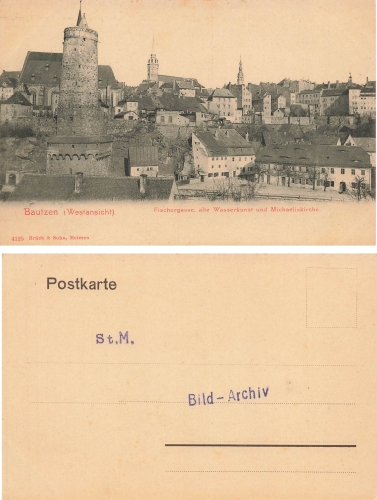 Bautzen Westansicht Fischergasse alte Wasserkunst Michaeliskirche um 1900
