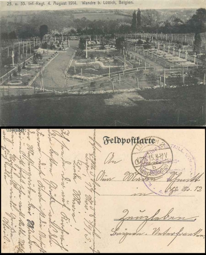 Bavarian Landsturm Infantry Battalion Wandre Feldpost o 12.11.1915 postcard Wandre military cemetery near Liège