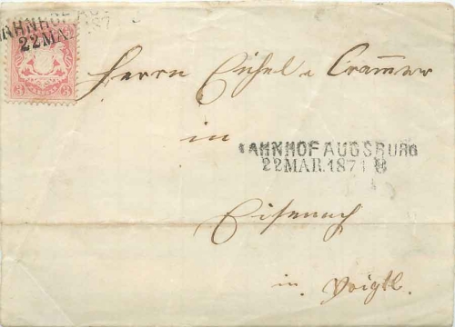 Bavaria Michel no. 23 3 Kreuzer on the front of the letter with stamp Augsburg train station 22. MAR. 1871
