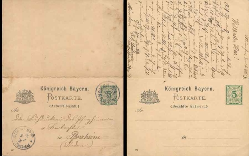 Bavaria stationary 5 Pfennig with reply card from Munich I May 6, 1892 to Pforzheim