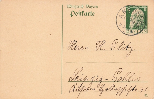 Bavaria Prince Regent Luitpold 5 Pfennig postal stationery o Ansbach 12.3.1911