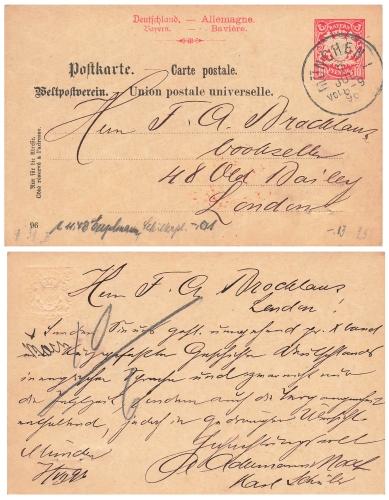 Bavaria coat of arms 10 Pfennig postal stationery watermark waves vertical o Munich 7.7.1896 to London