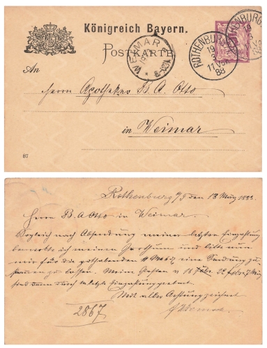 Bayern Ziffer 5 Pfennig Ganzsache Wasserzeichen Wellen Senkrecht o Rothenburg 19.3.1888 nach Weimar