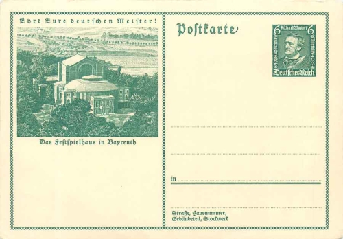 Nürnberg Reichsparteitag 1938 Ganzsache 6 Pfennig Adolf Hitler SonderstempelBayreuth Festspielhaus Ganzsache P249 6 Pfennig Nothilfe 1933 Richard Wagner