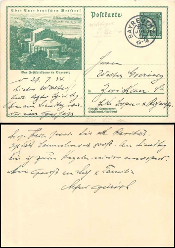 Nürnberg Reichsparteitag 1938 Ganzsache 6 Pfennig Adolf Hitler SonderstempelBayreuth Festspielhaus Ganzsache P249 6 Pfennig Nothilfe 1933 Richard WagnerBayreuth Festspielhaus Ganzsache P249 6 Pfennig Nothilfe 1933 Richard Wagner o Bayreuth 29.7.1934