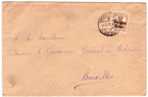 Belgien 15 Cent. auf 15 Pfennig Germania Michel 15 Einzelfrankatur auf Brief o Namur 11.5.1917